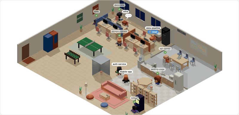 The 3D office: agents at their desks, off-duty ones wandering around