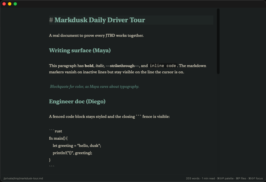 Markdusk editor — soft WYSIWYG with the Smoke theme