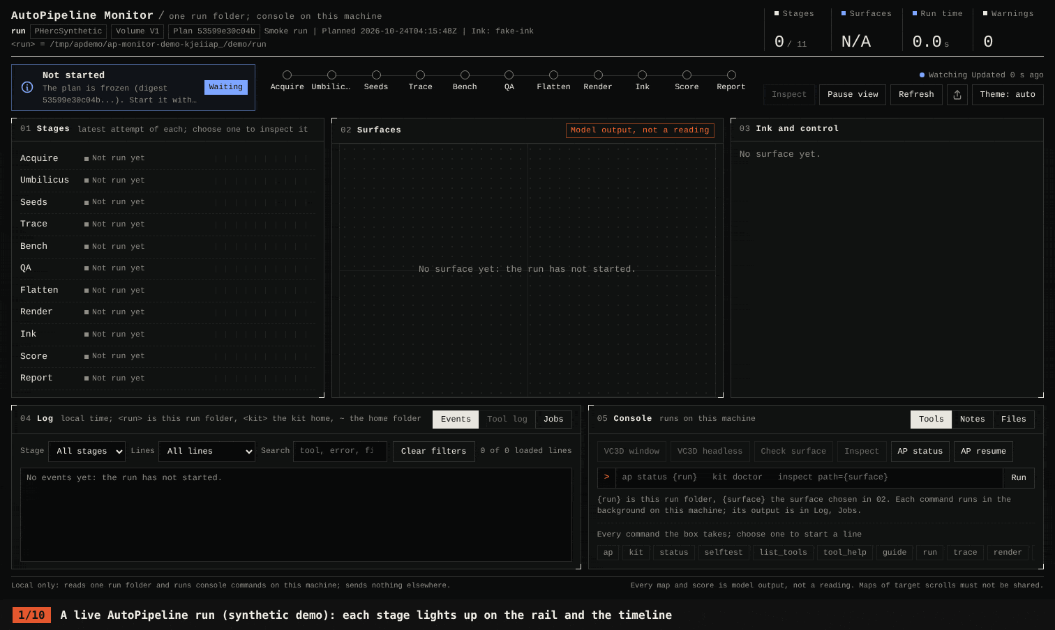 AutoPipeline 0.1.6's monitor and console on the synthetic demo