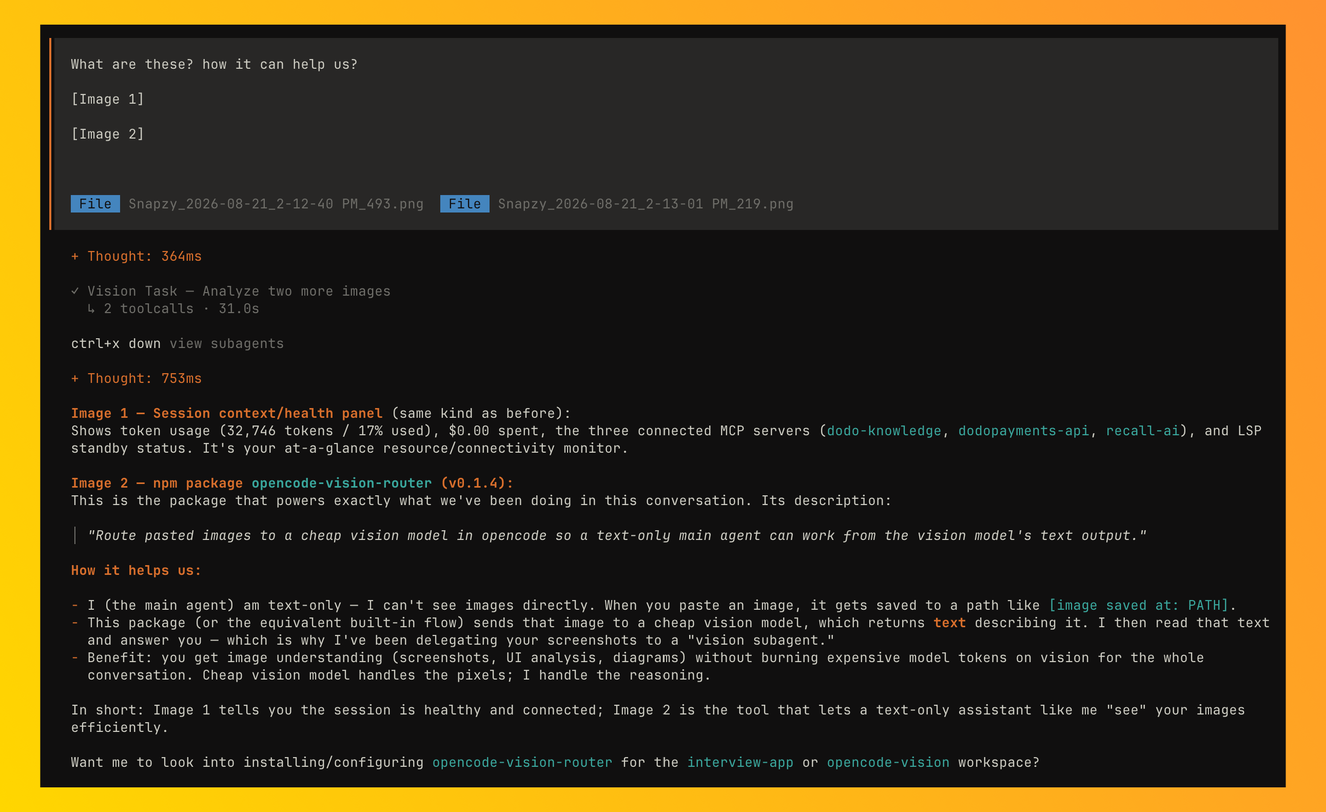 Pasted image routed to the vision subagent