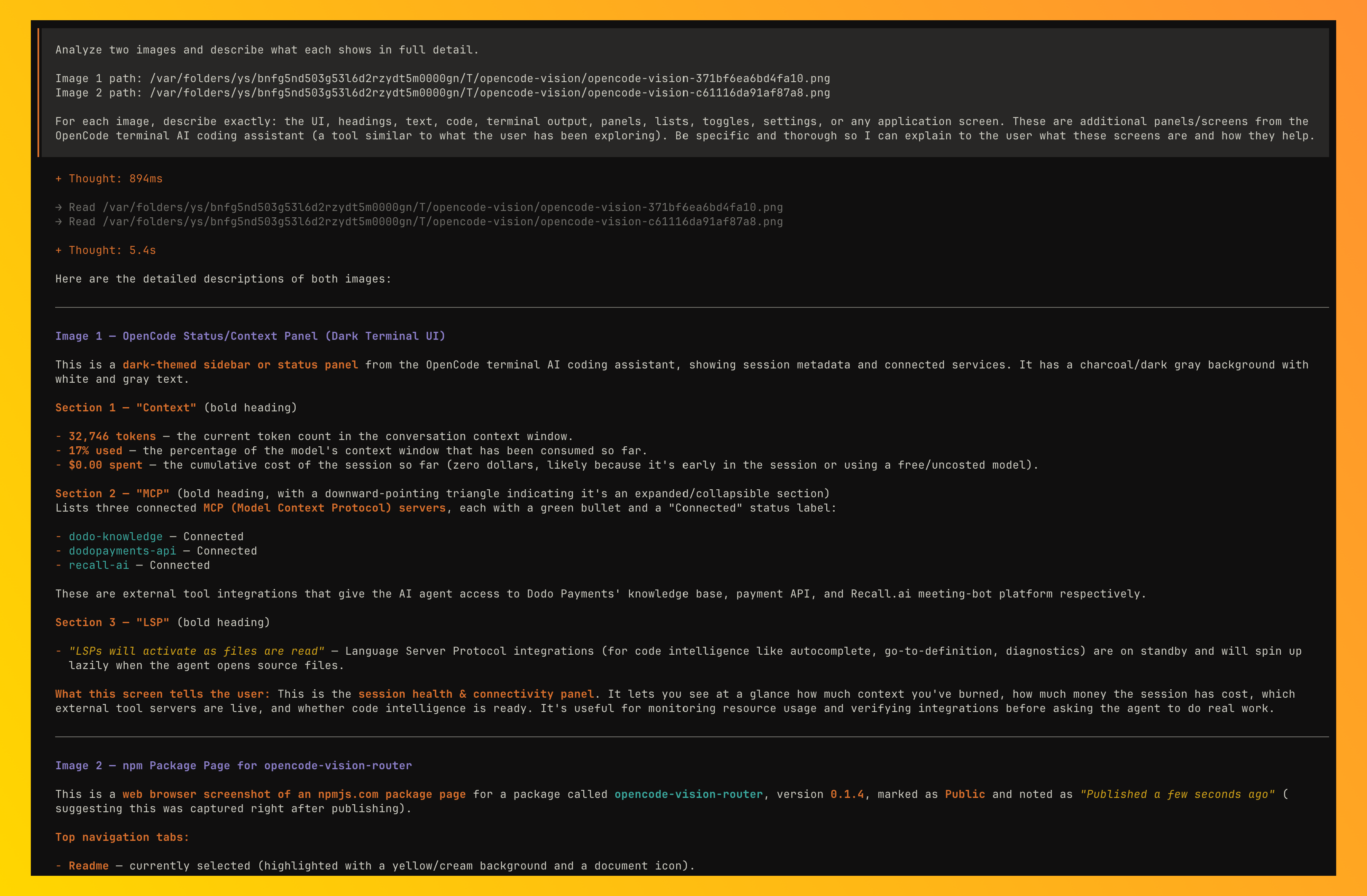 Vision subagent analyzing the image and returning text