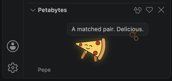 Pepe the pizza in the Petabytes panel, eating a curly brace