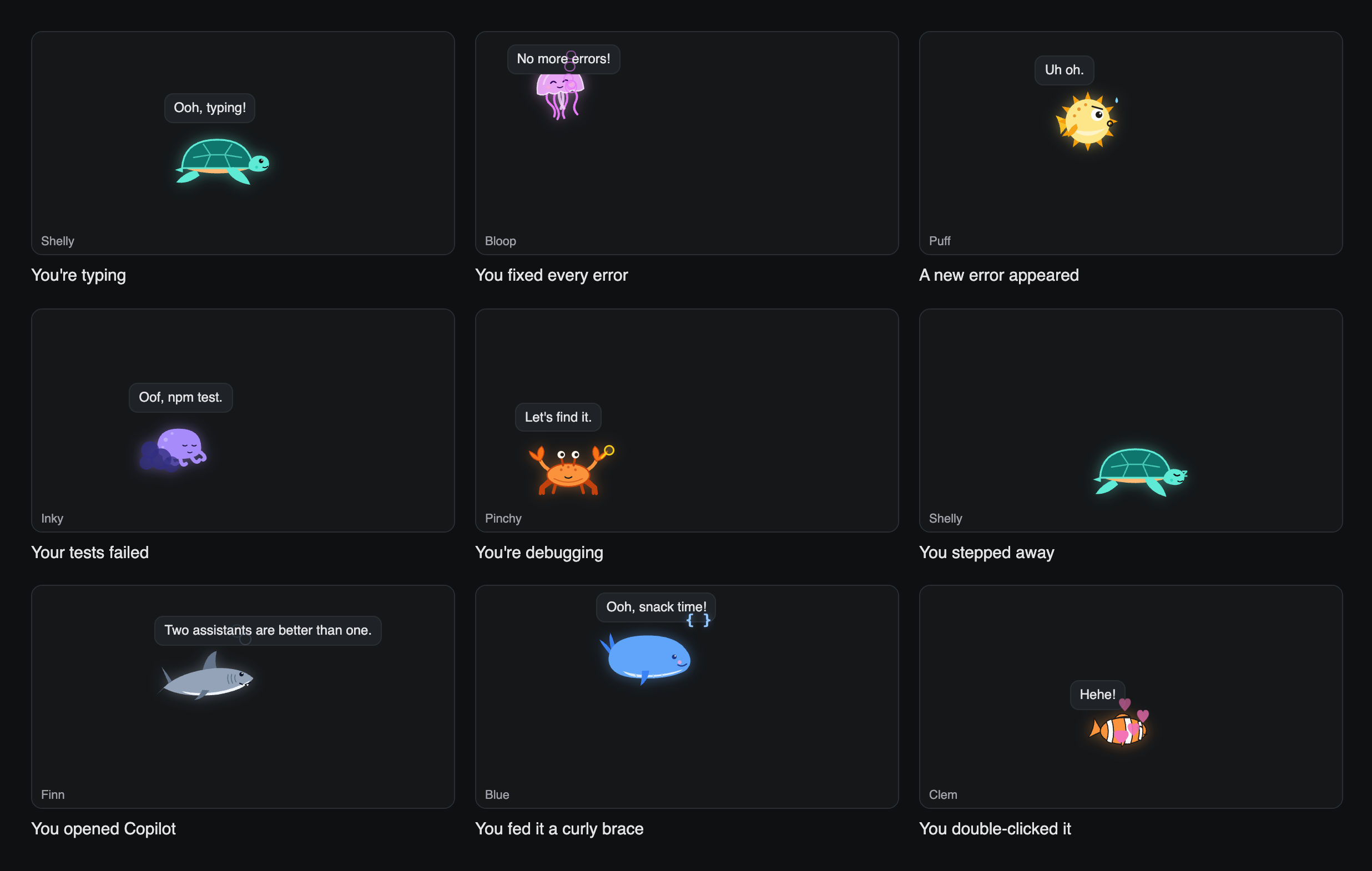 Pets reacting to typing, fixed errors, a new error, failed tests, debugging and being left alone