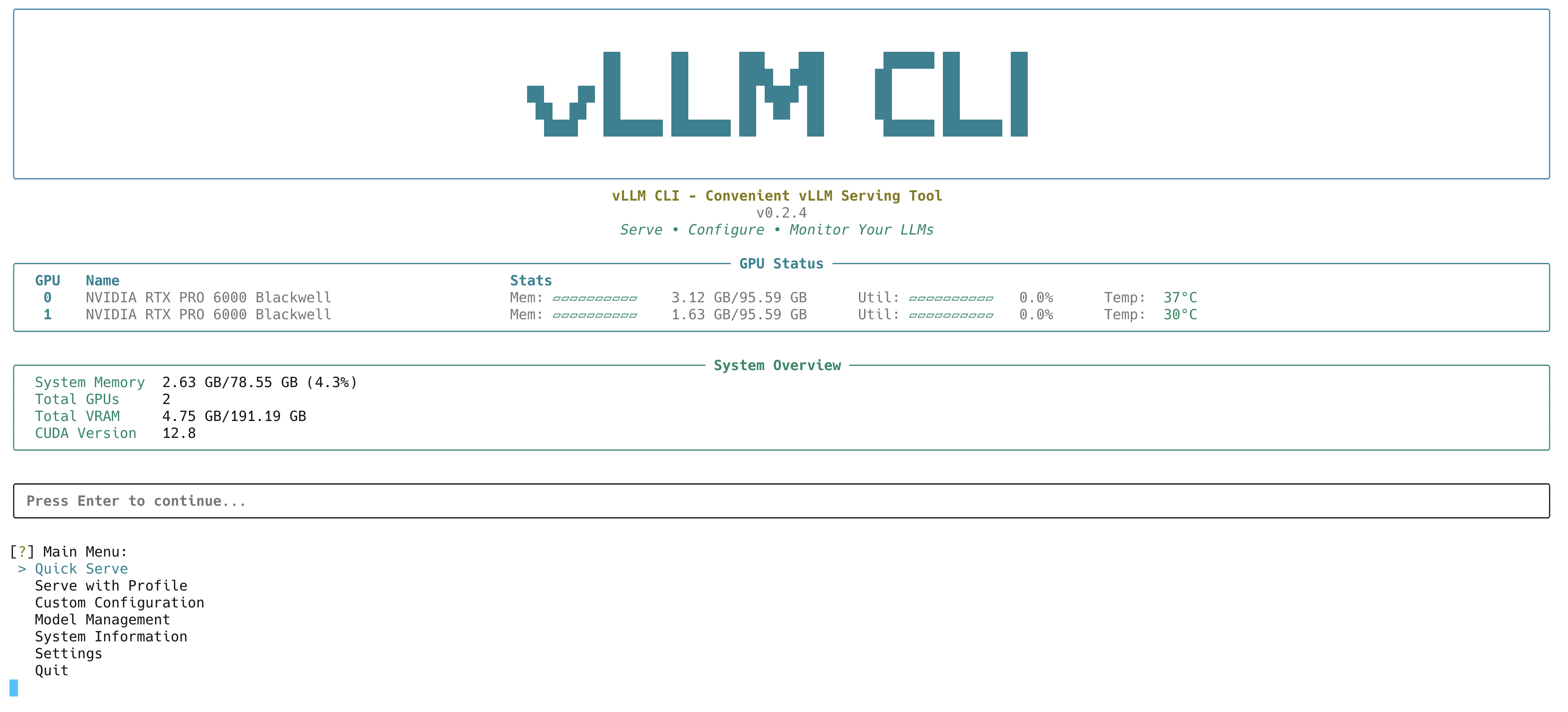 vLLM CLI Welcome Screen