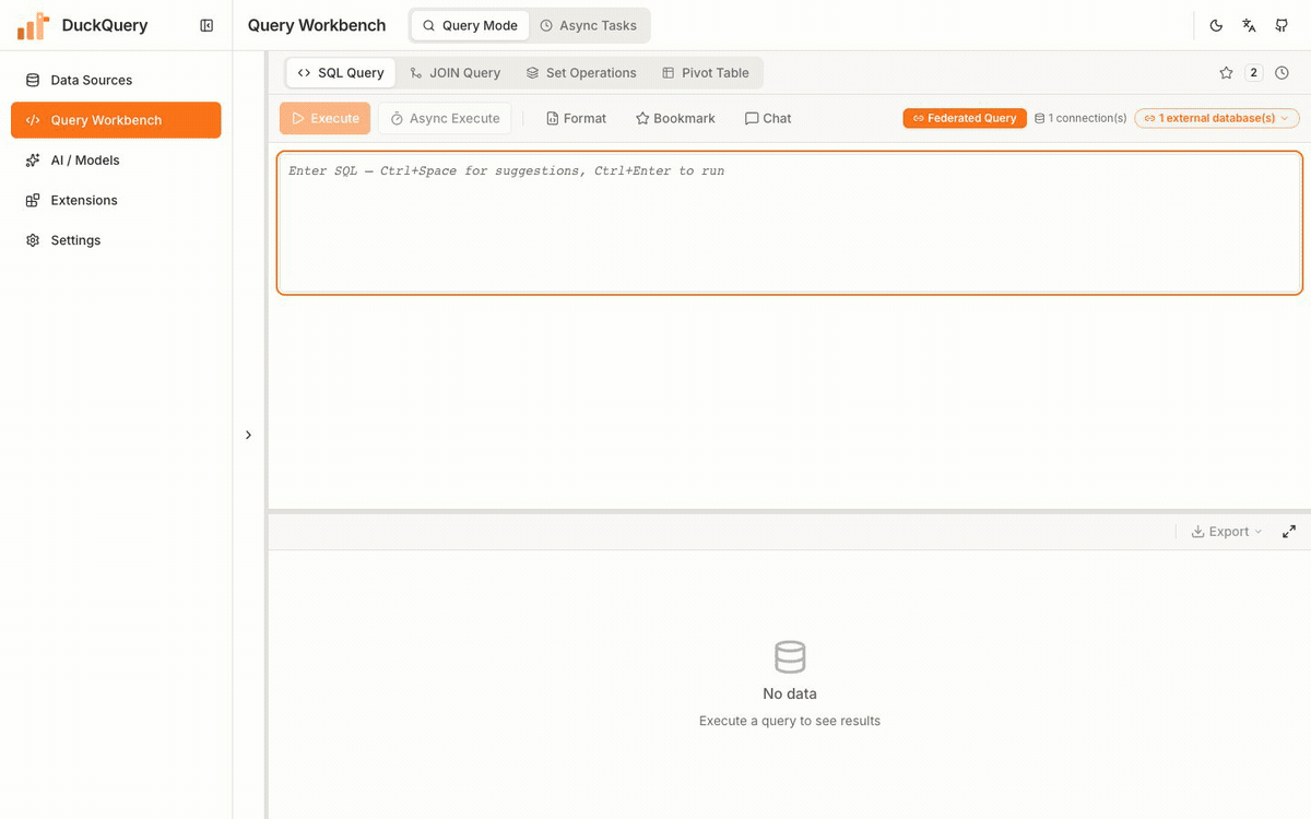DuckQuery workbench running a cross-source JOIN between a local DuckDB table and MySQL