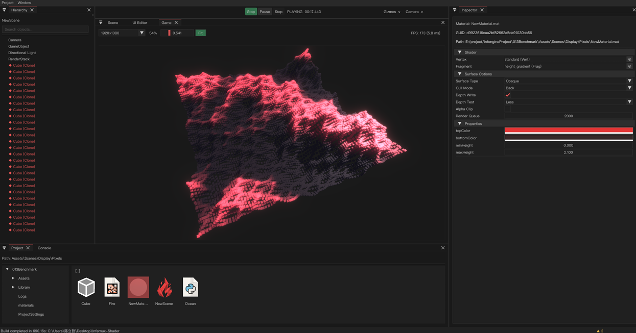 Editor capture showing 10,000 cubes rendered in Infernux