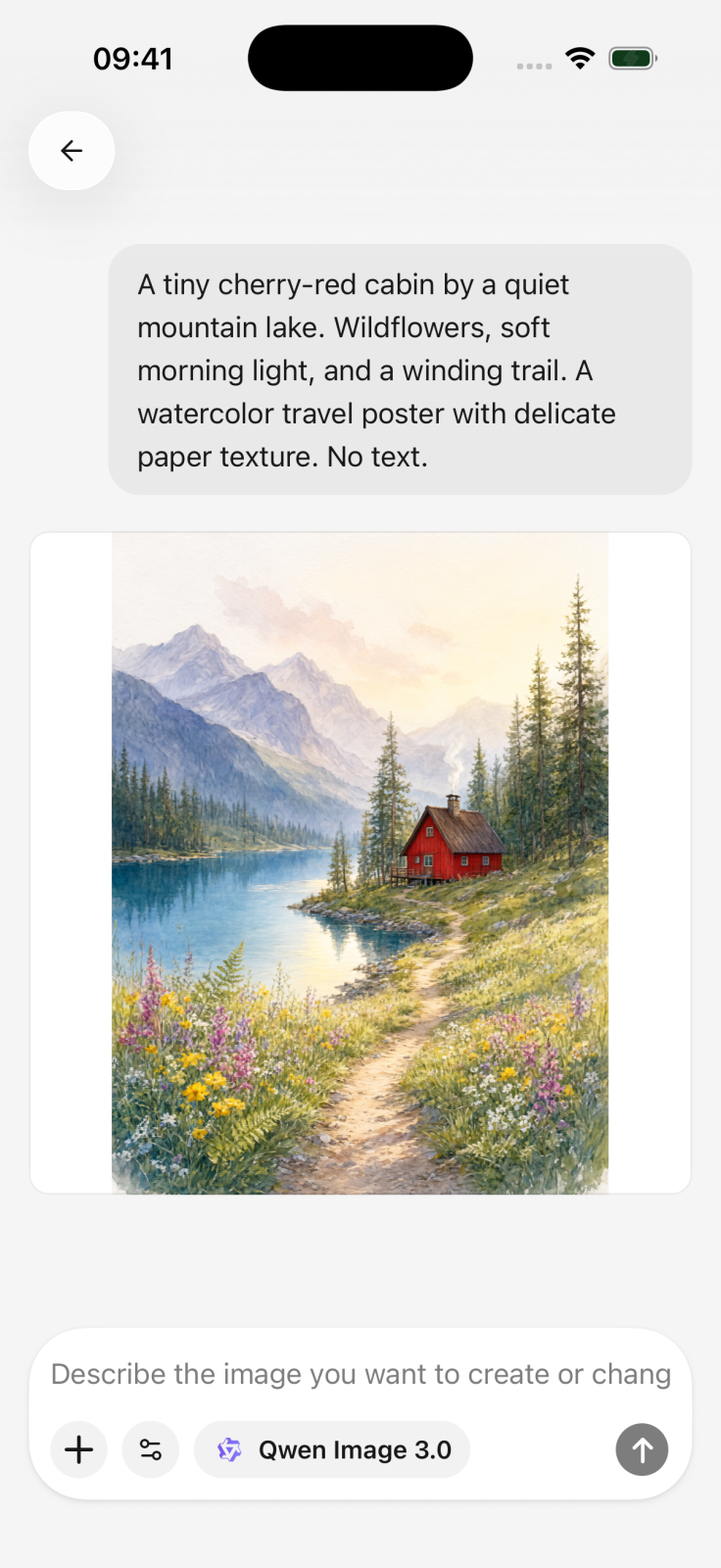 Watercolor landscape generated in Cherry Studio on iPhone 17 Pro