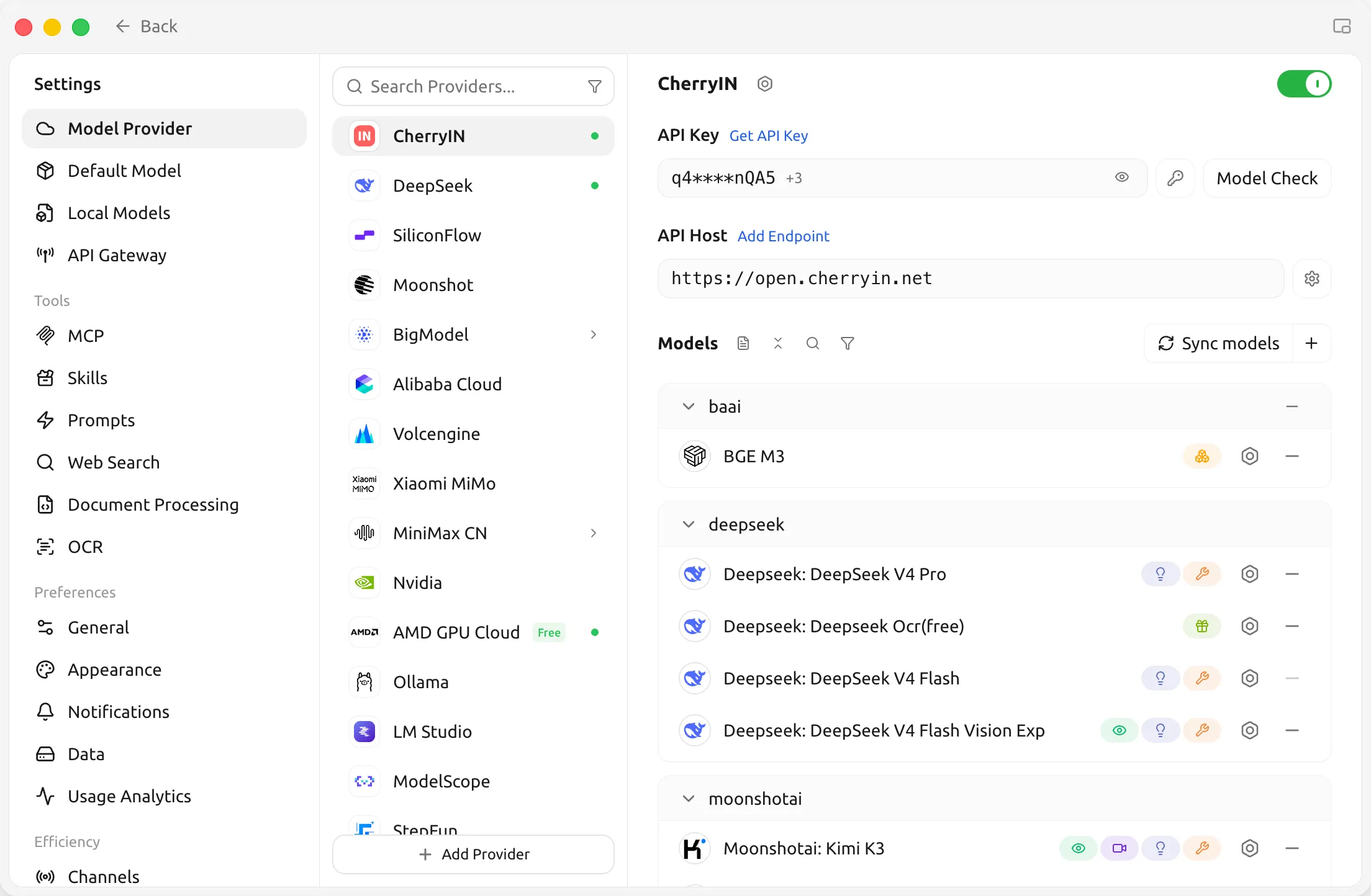 Cherry Studio model provider settings in light mode