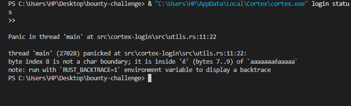 cortex login status UTF-8 panic