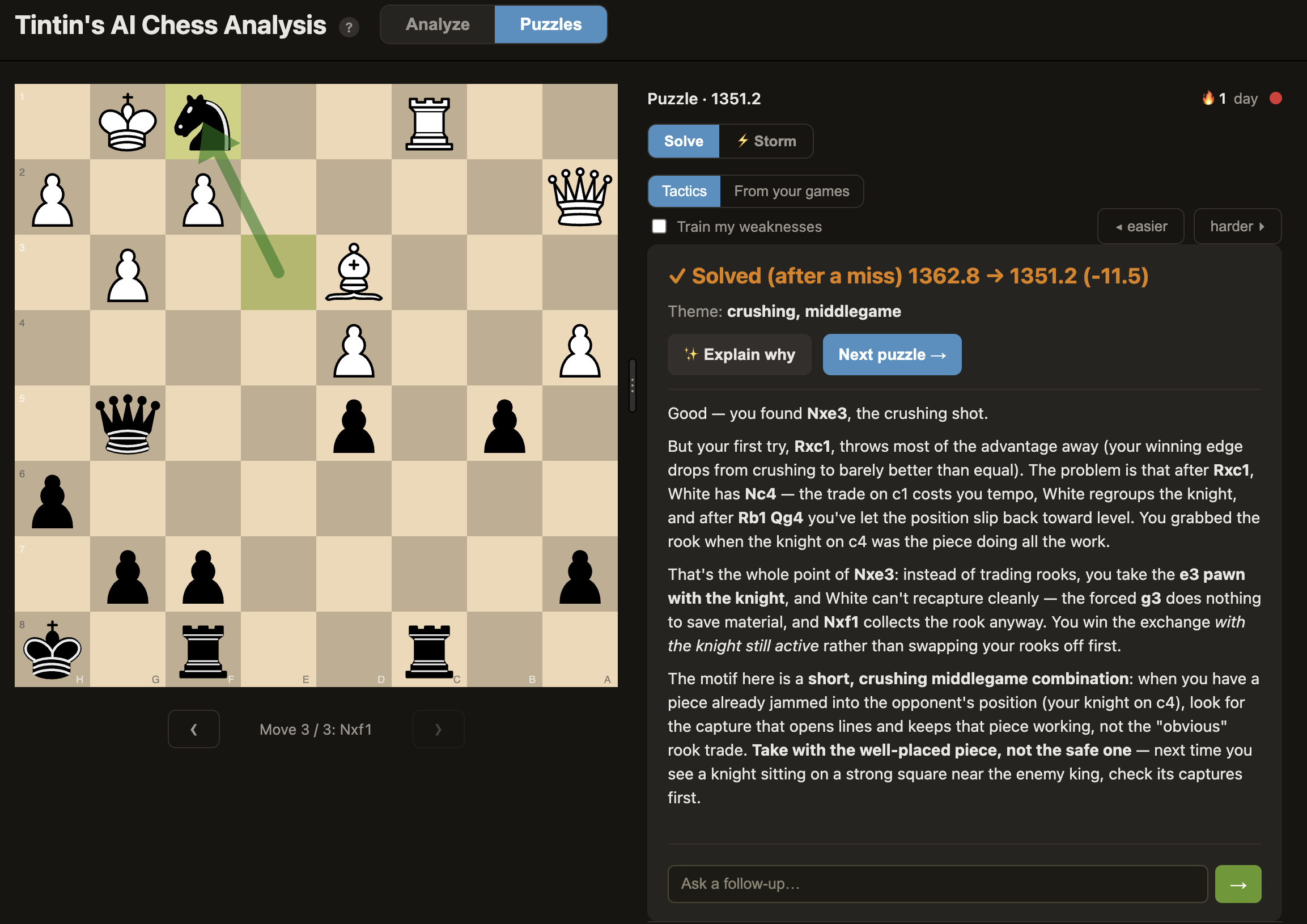 Puzzle mode: a tactics position with the Solve / Storm switch, the Tactics / From your games source toggle, a "train my weaknesses" filter, easier/harder controls, the daily-streak flame, and the AI coach explaining why the tempting captures fail