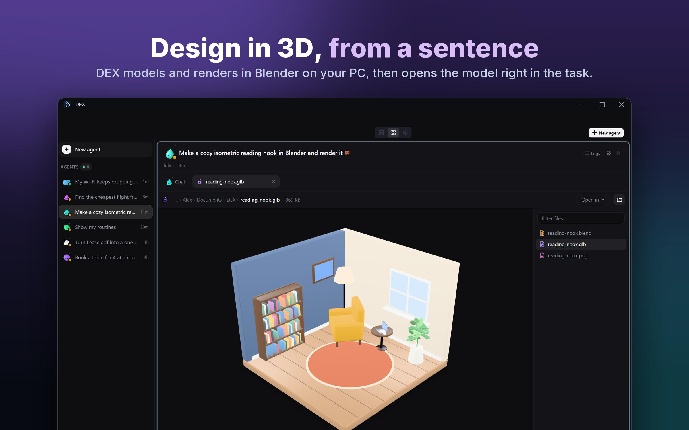 Design in 3D from a sentence: a reading nook DEX modelled and rendered in Blender, open in the task's 3D viewer