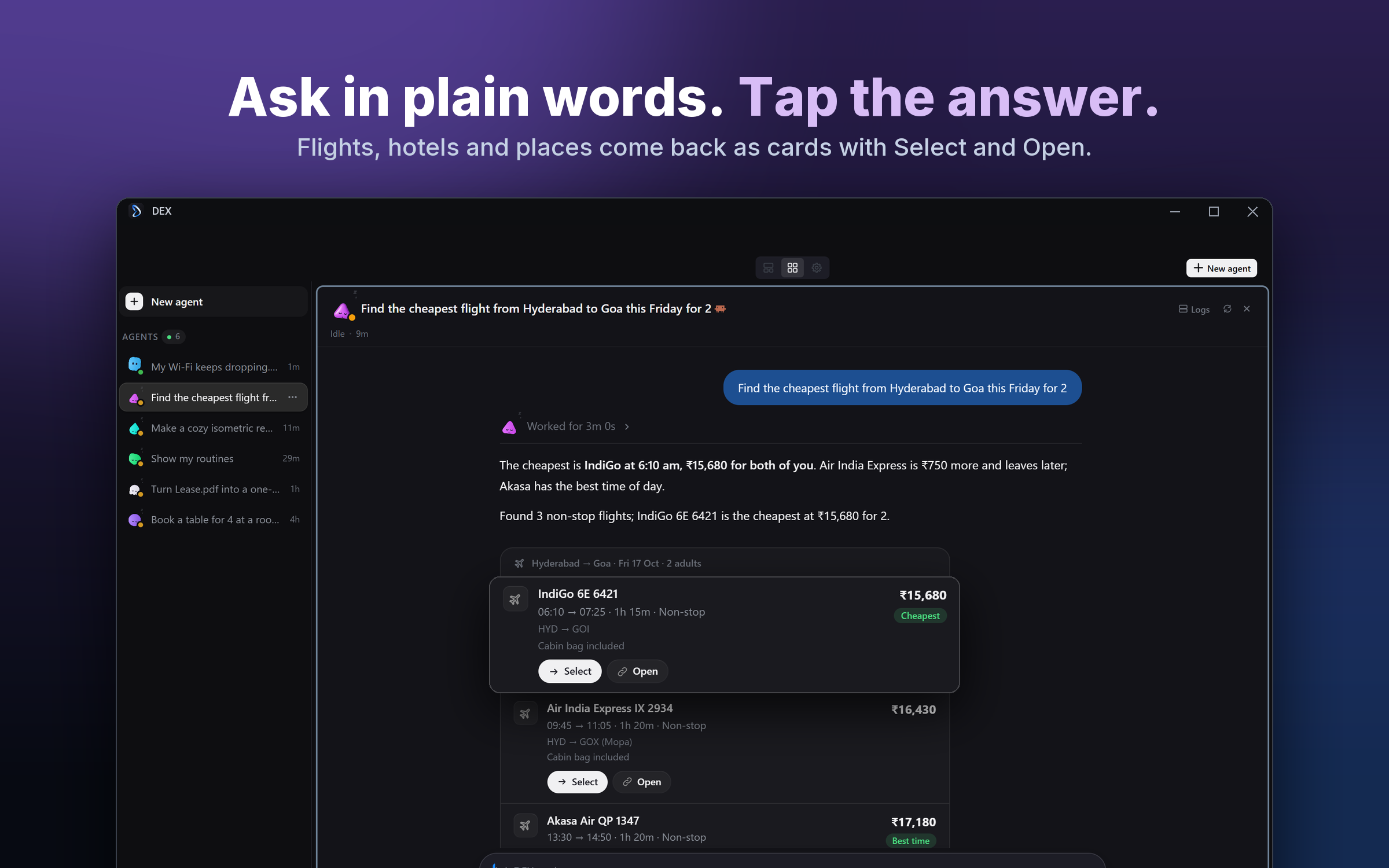 Ask in plain words, tap the answer: flight results as cards with Select and Open