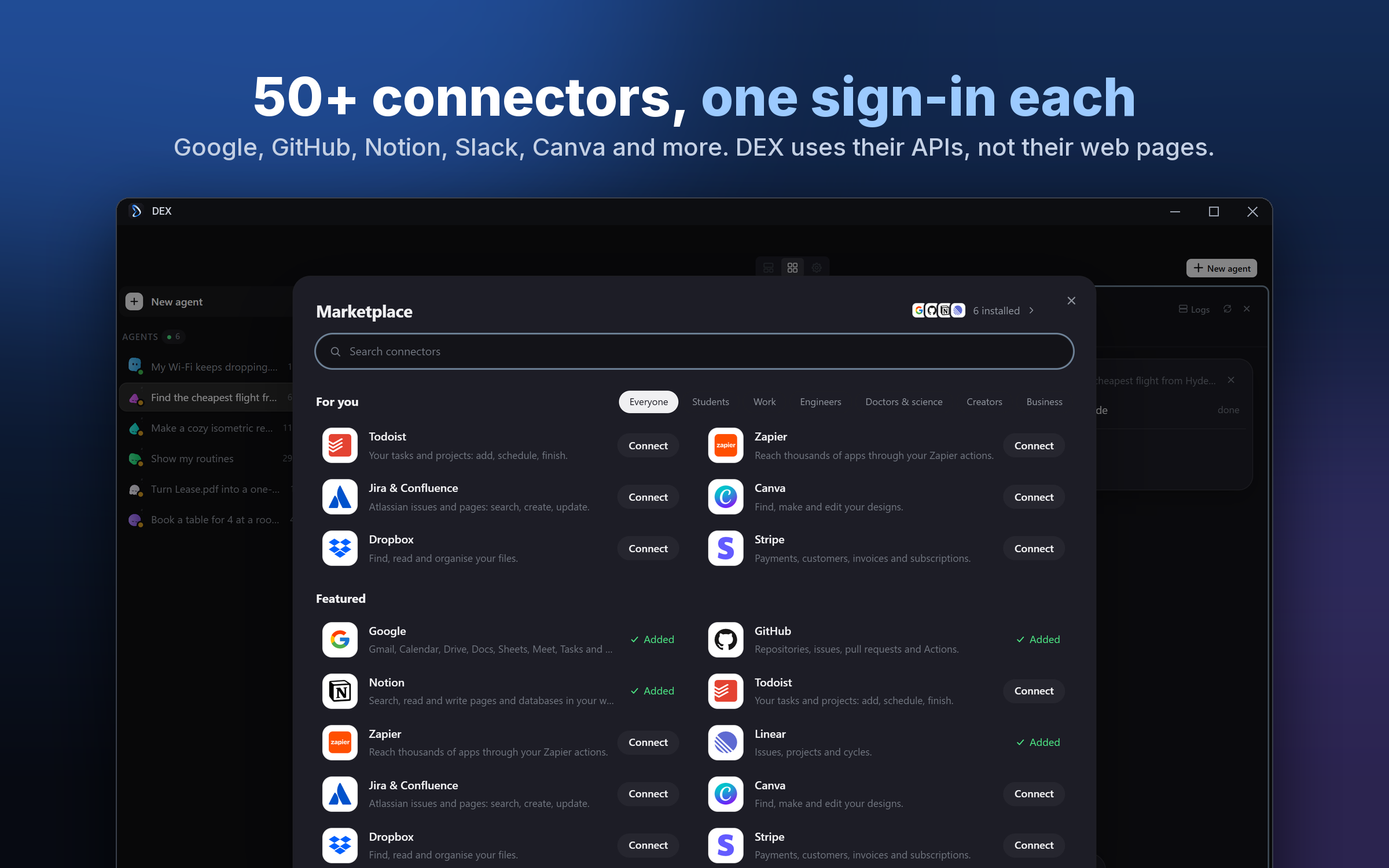 50+ connectors, one sign-in each: the Marketplace with Google, GitHub, Notion and more