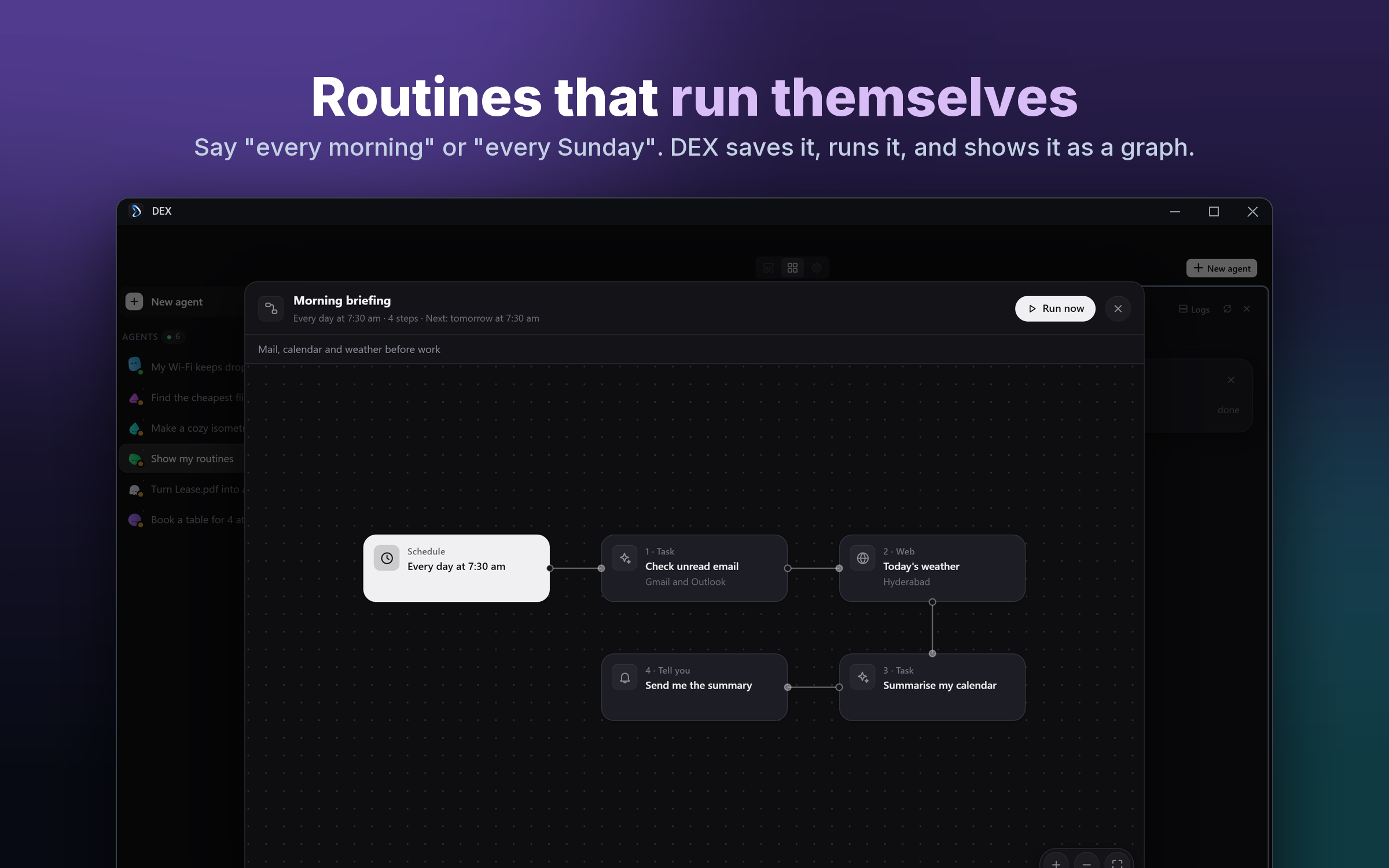 Routines that run themselves: a morning briefing shown as a step-by-step graph