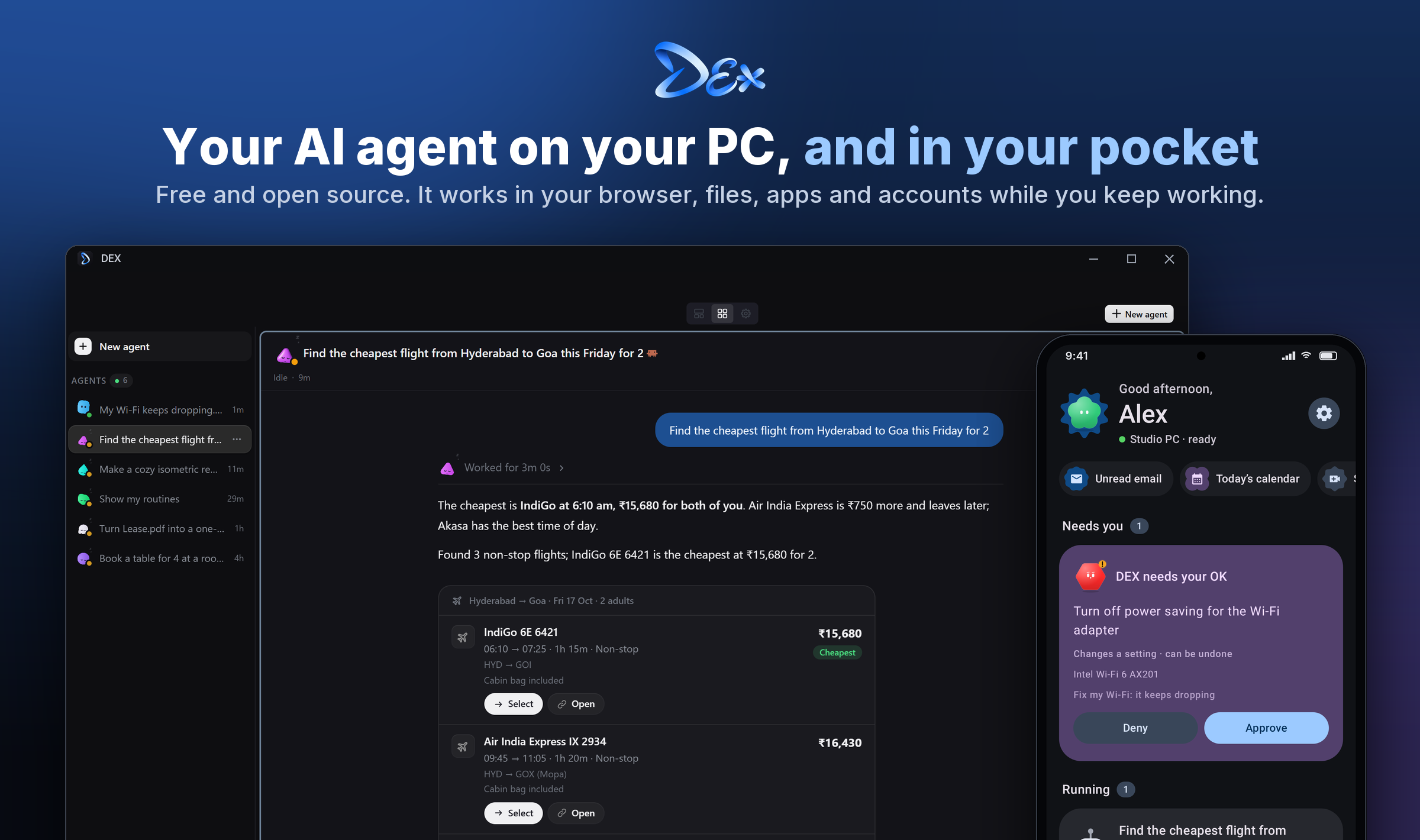DEX on a Windows PC answering a flight search with cards, and DEX for Android in front of it with an approval waiting