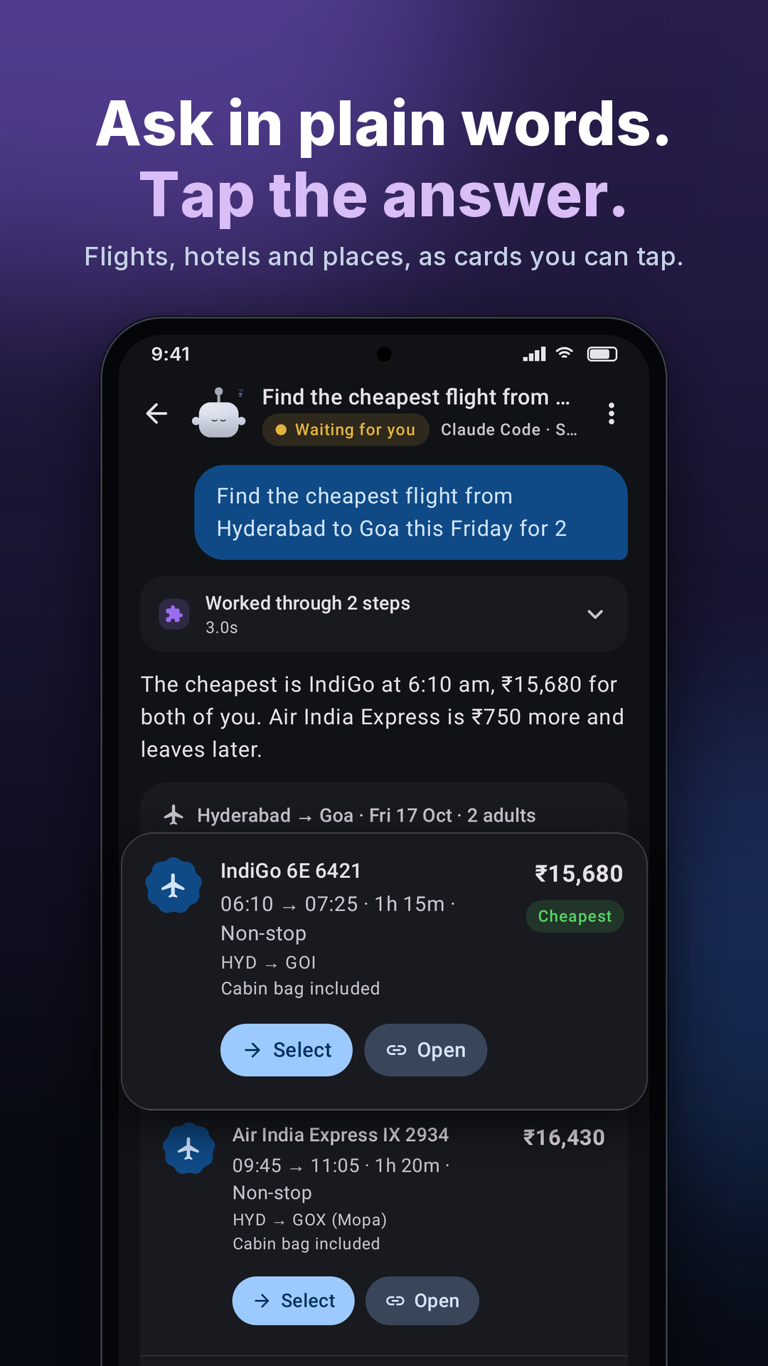 Flight results as cards you can tap