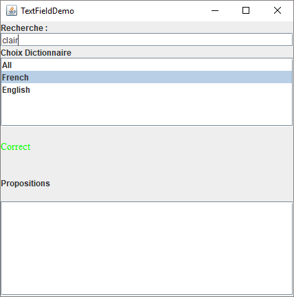 Figure 3 : Recherche dans le dictionnaire francais seulement, mot correcte