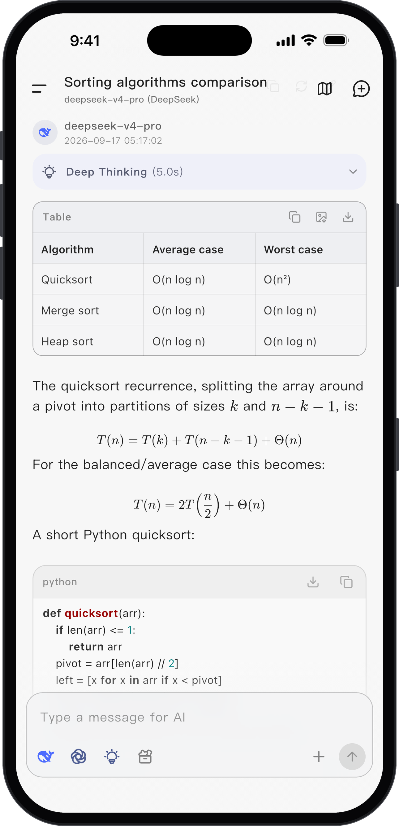 Chat with Markdown, tables and math