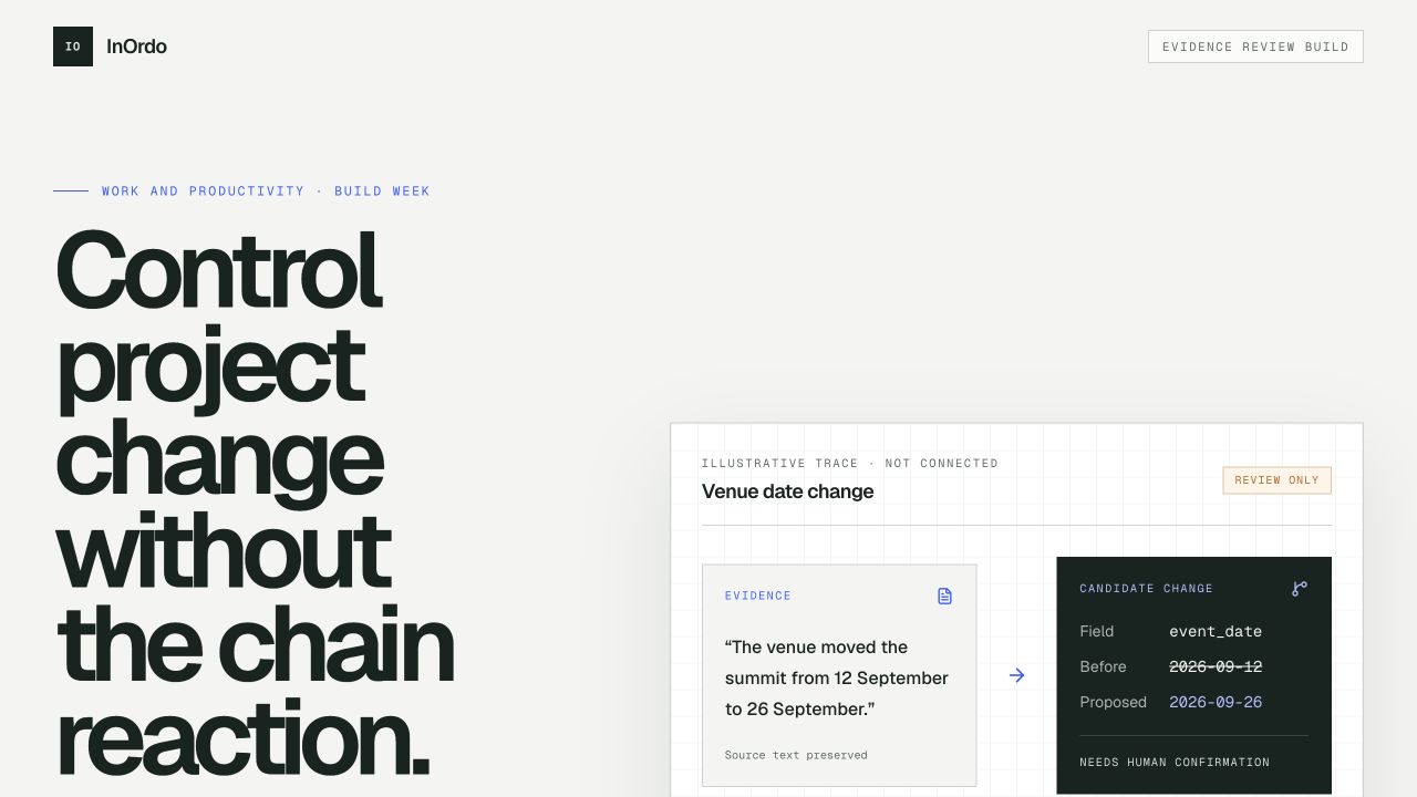 InOrdo landing page showing the Control project change without the chain reaction headline and an illustrative venue-date trace.