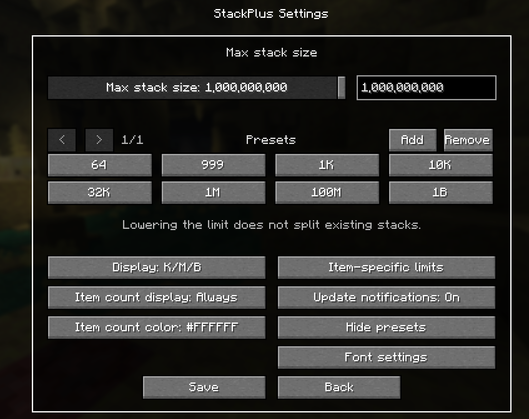 StackPlus settings