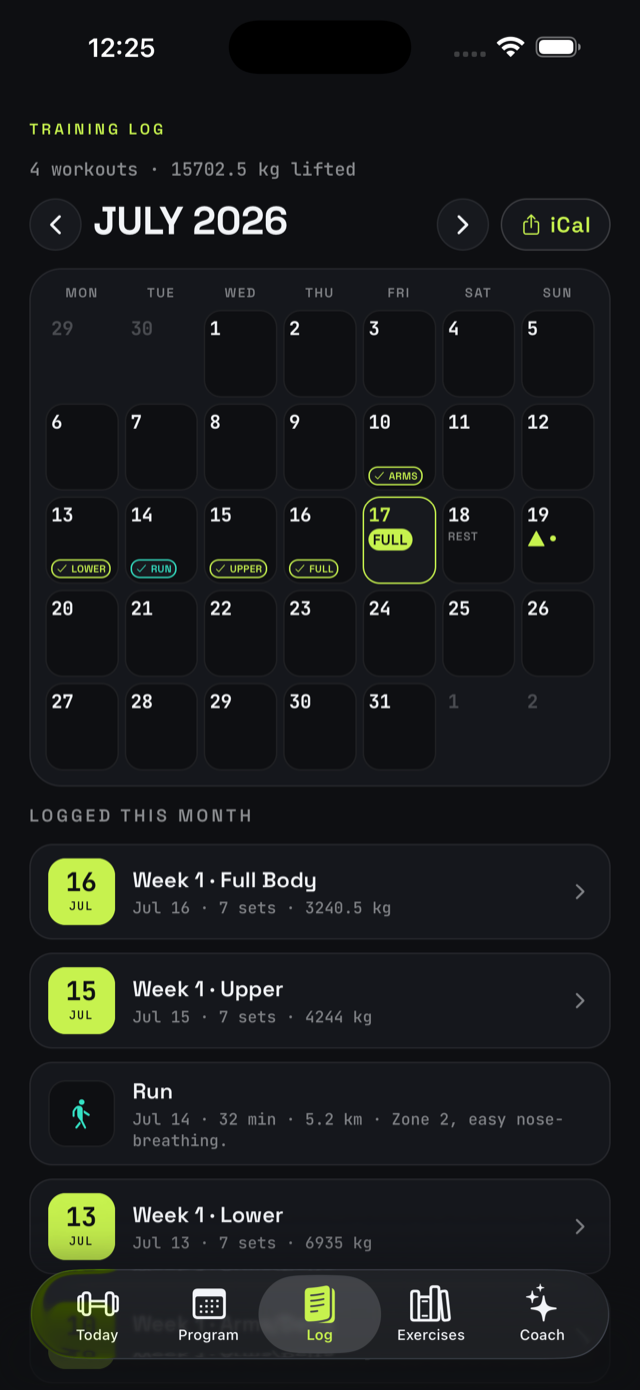 Training log calendar