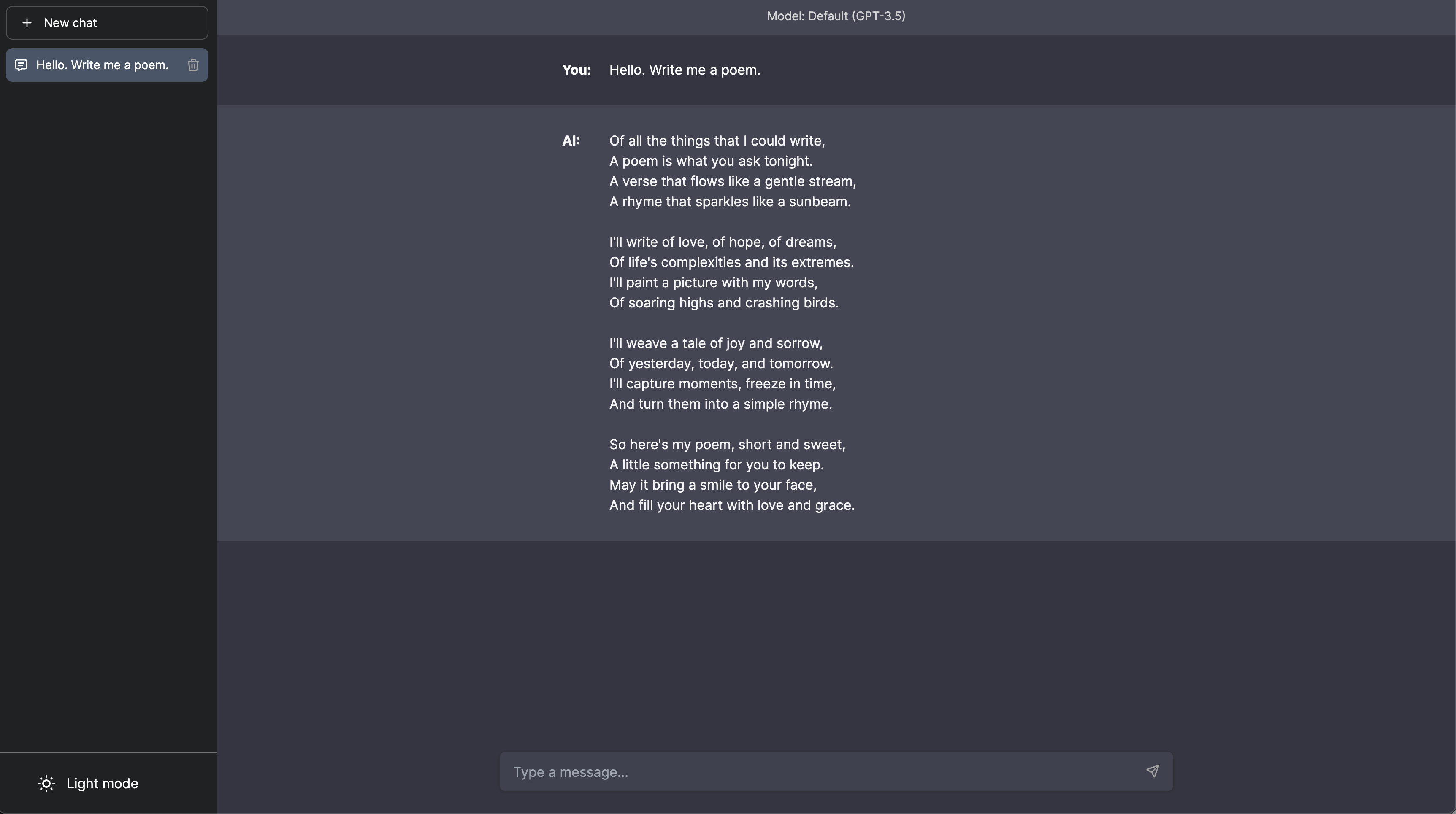 Dark Chatbot UI showing a poem response, conversation sidebar, model selector, and message composer