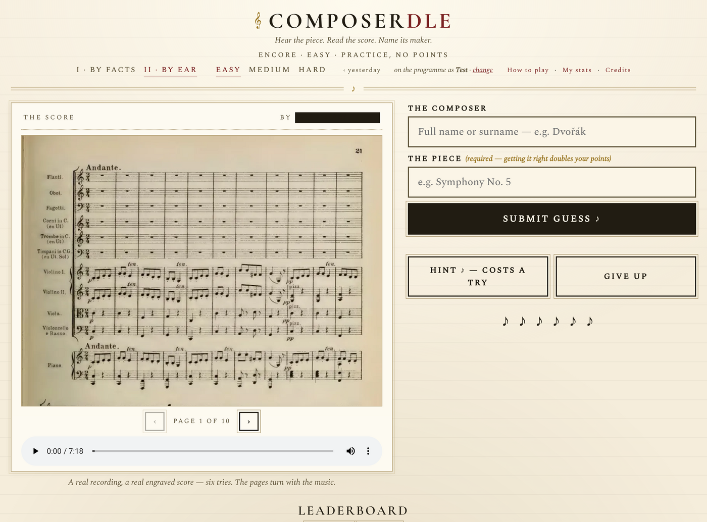A redacted orchestral score, audio controls, and composer and piece inputs in By Ear mode