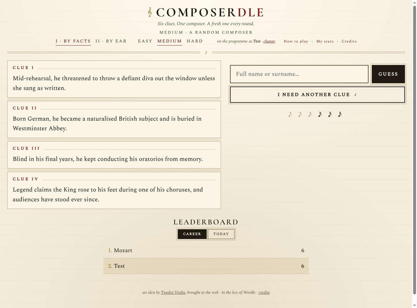 Four clues, a composer search box, and the leaderboard in By Facts mode