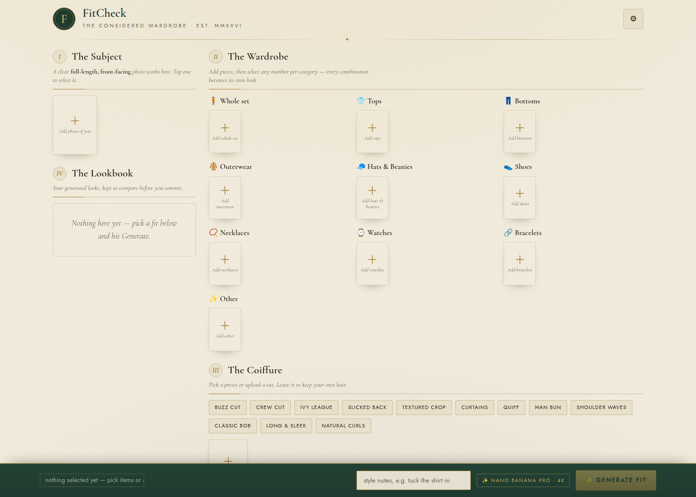 FitCheck wardrobe, clothing controls, and generated-look interface
