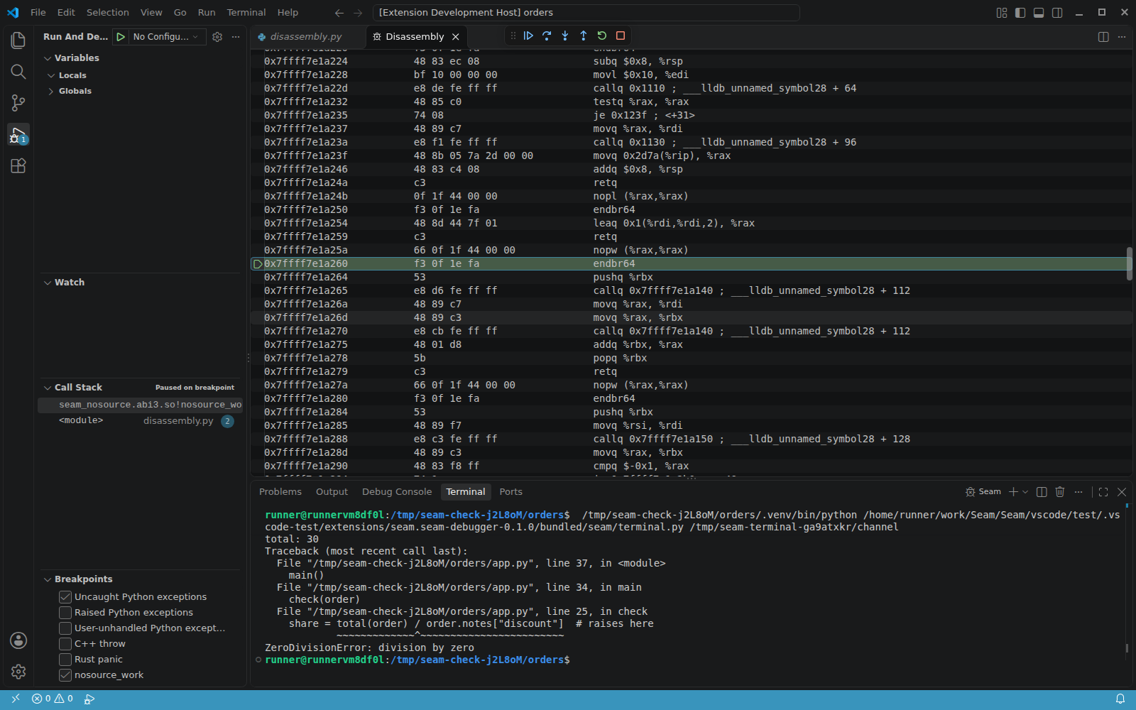 VS Code disassembly at a native breakpoint
