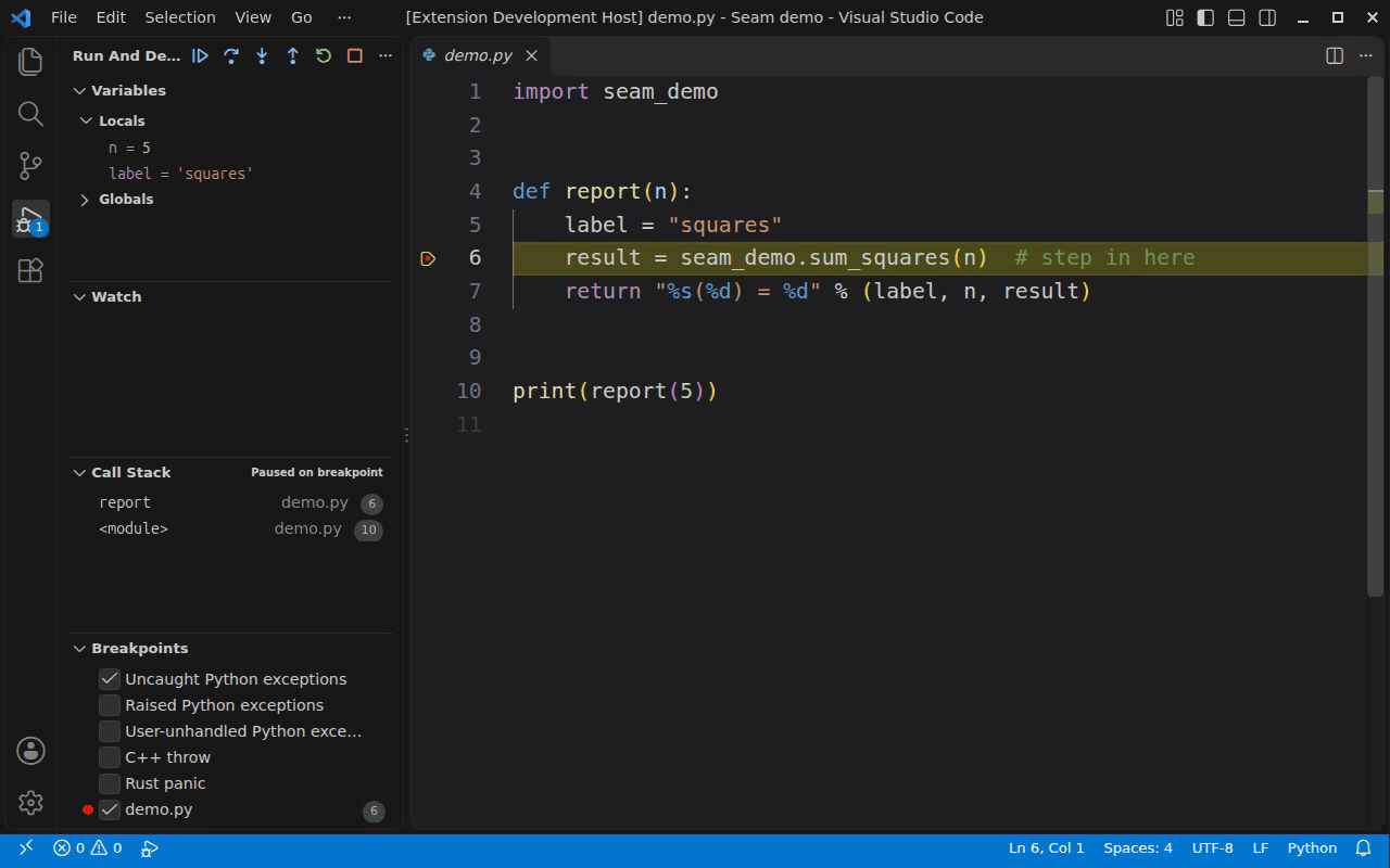 Step into Rust, inspect its locals, and return to Python