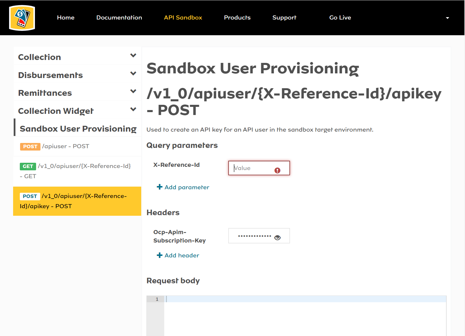 Sandbox User Provisioning apiuser - POST apikey