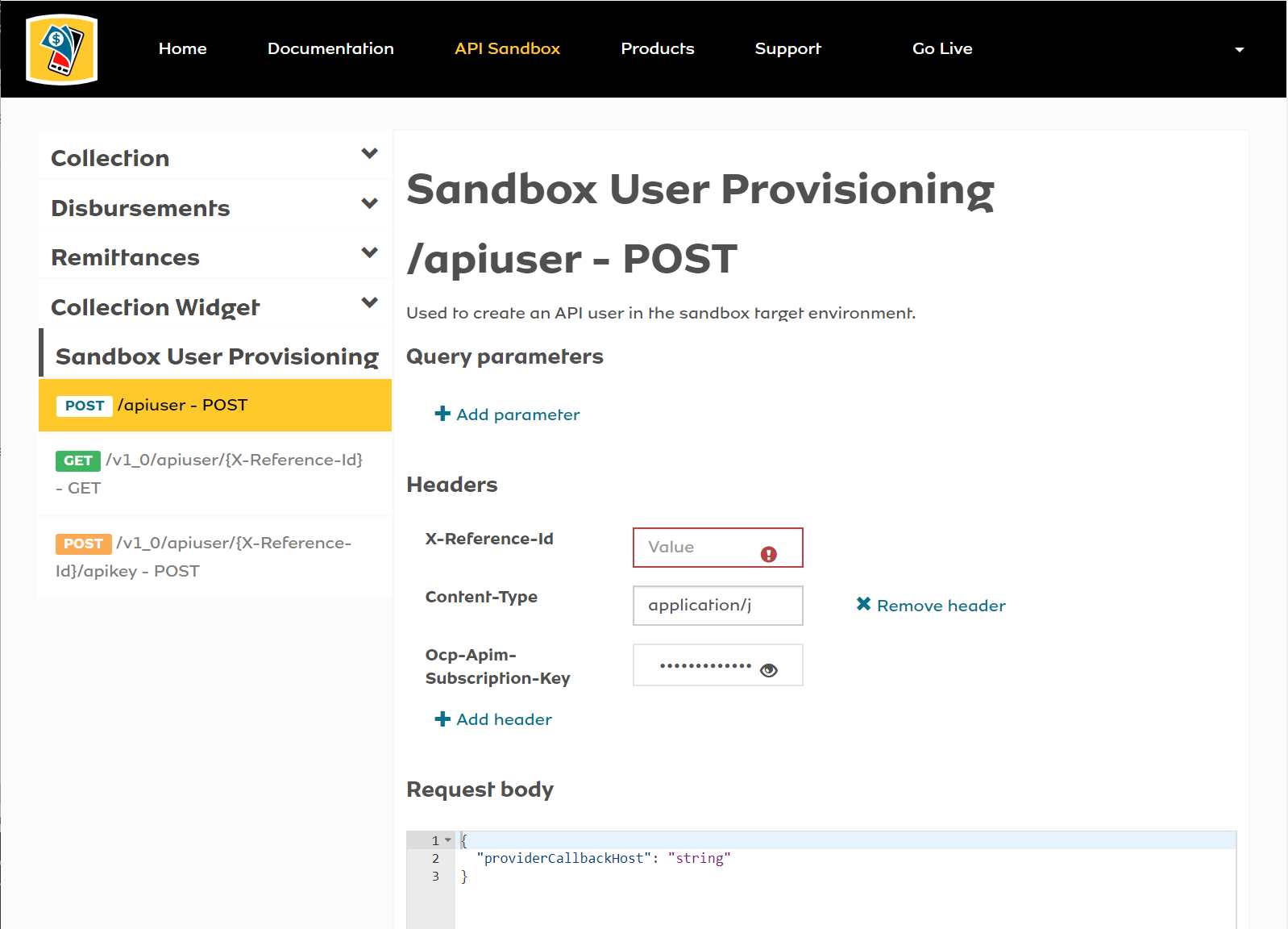Sandbox User Provisioning apiuser - POST Try It Pass