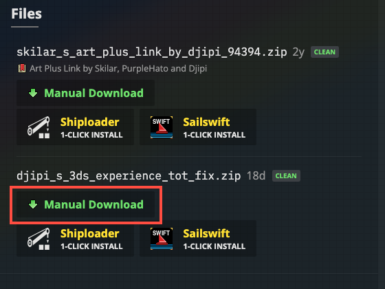 GameBanana Files section: click Manual Download under djipi_s_3ds_experience_tot_fix.zip