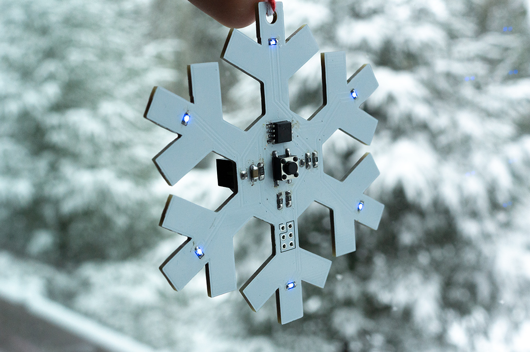 Image of the snowflake ornament when it was snowing outside.