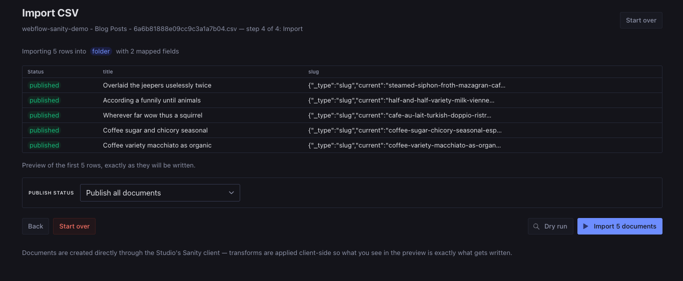 Previewing the import with per-row publish control