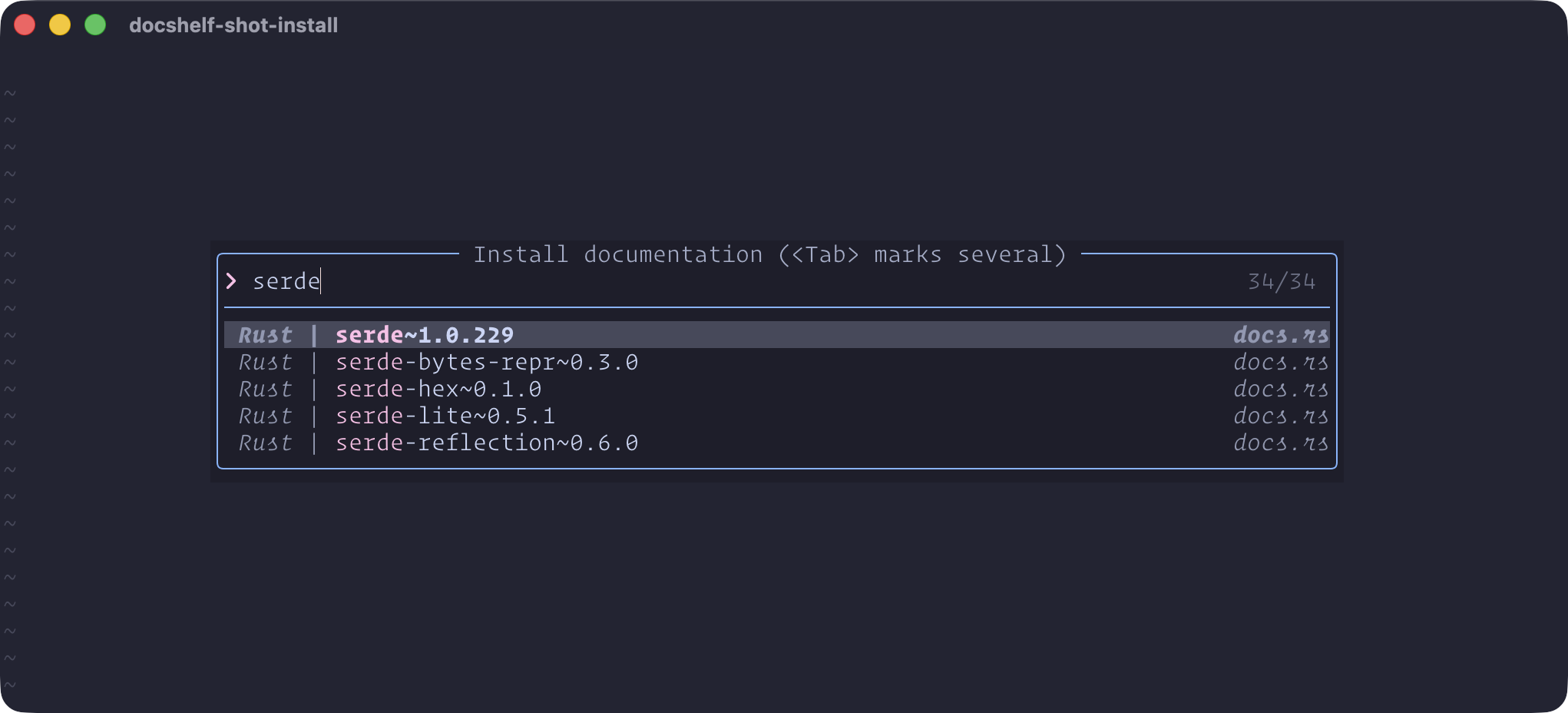 The install picker listing serde crates from docs.rs
