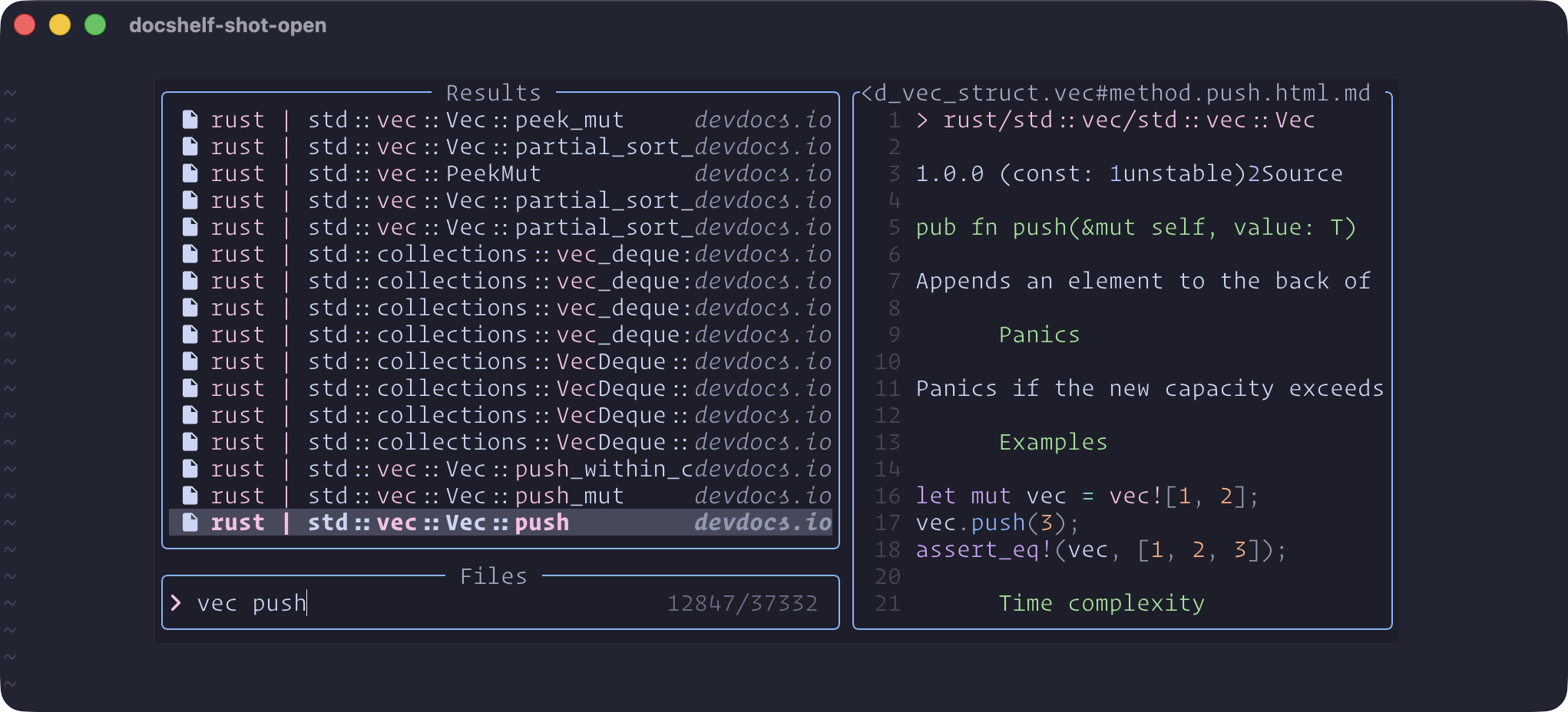 Searching the Rust docs for "vec push", with a preview of Vec::push