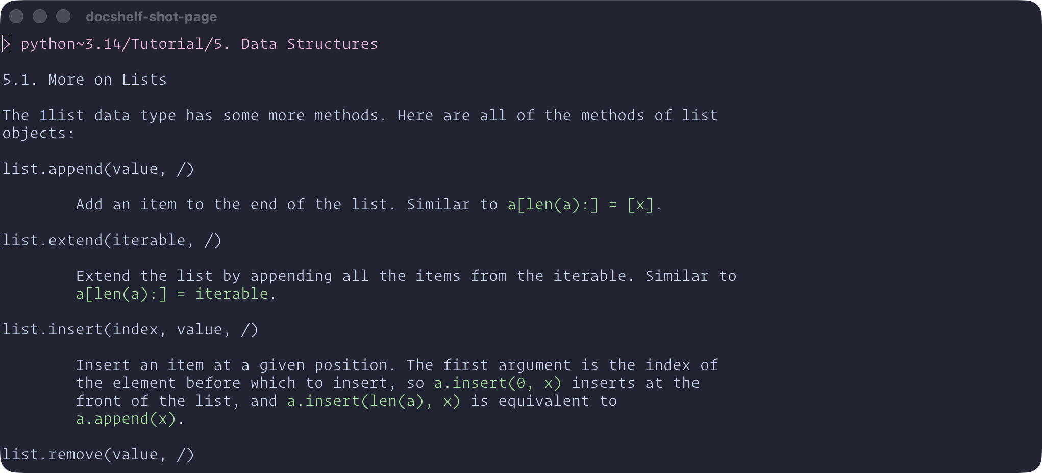 Python's list methods page open in a buffer
