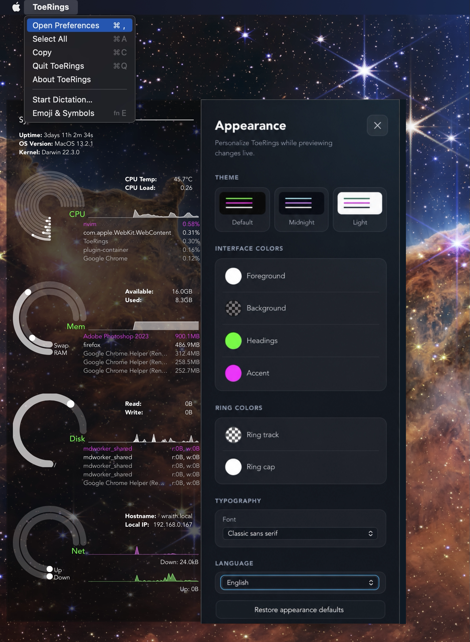 preferences panel