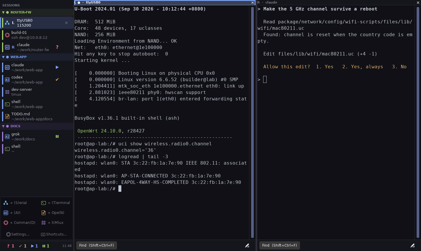 tabit: colour groups of serial, SSH, AI, tmux, shell and note tabs; a serial console and an AI agent side by side