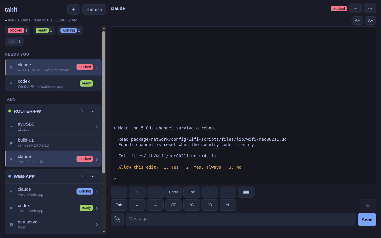 Remote in a laptop browser: the tab list on the left, a blocked AI agent on the right