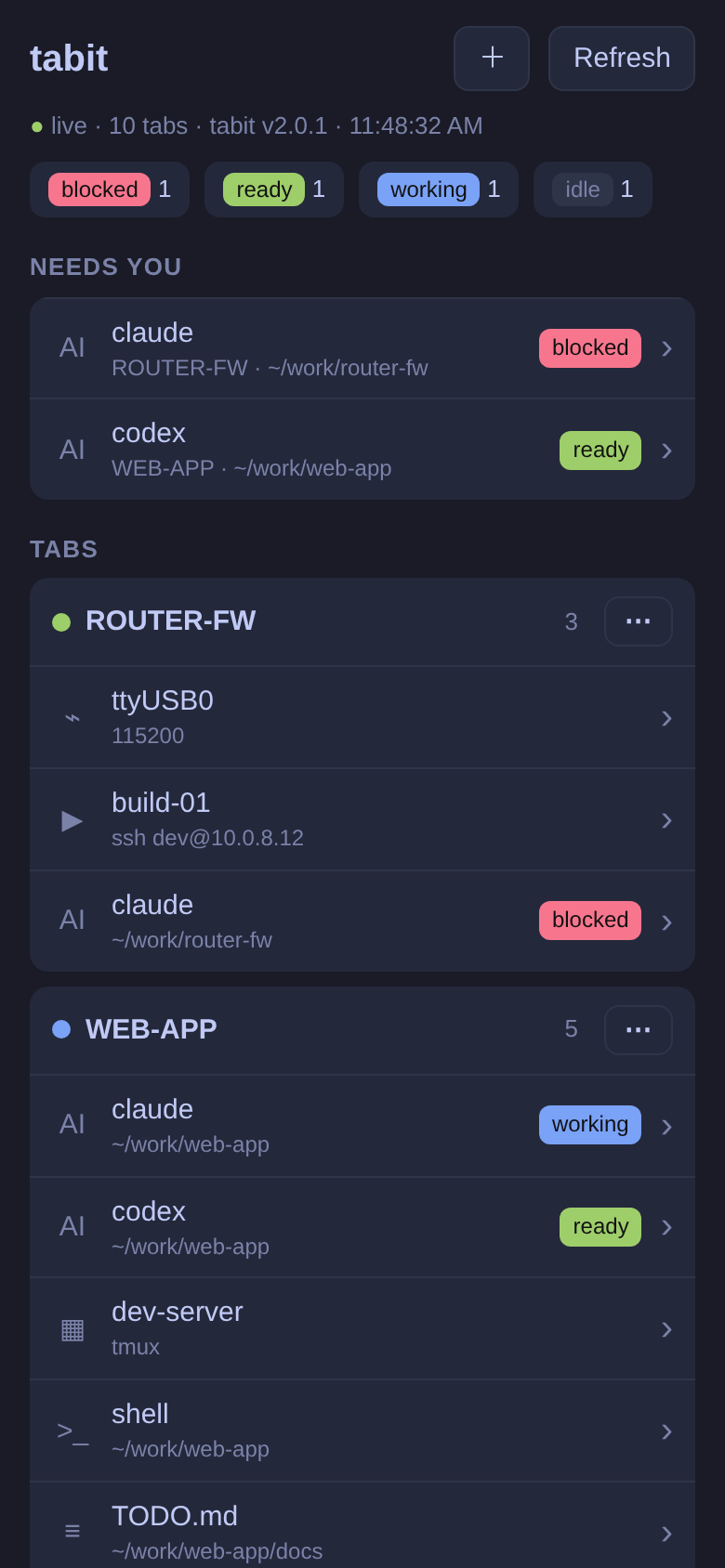 Remote on a phone: Needs you, groups, tabs and AI status