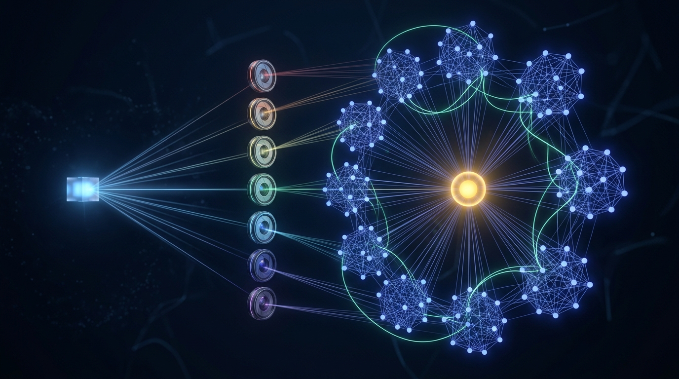 One input passes through seven lenses, each producing a cluster of vectors that fuse into one constellation with a gold kernel at its center
