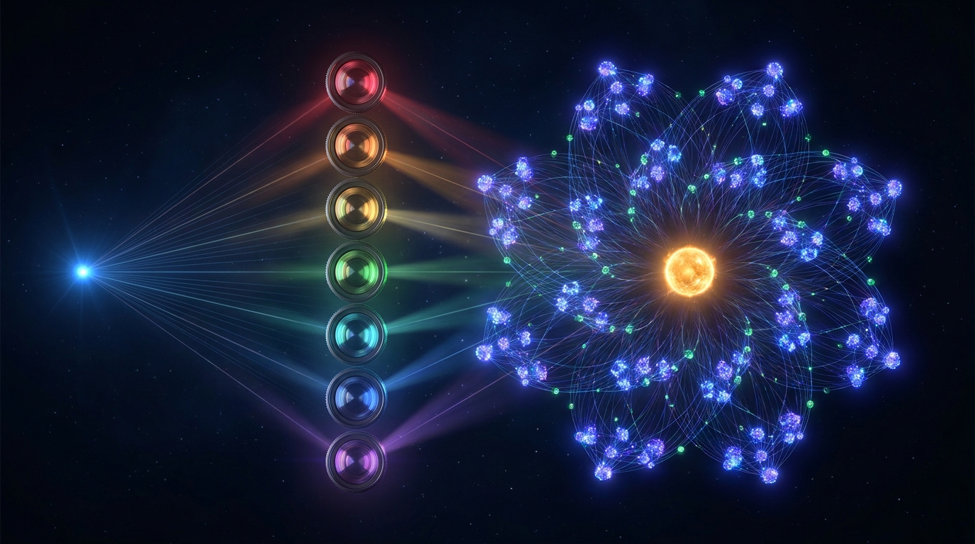 A single grounded point blooming into a constellation of vectors