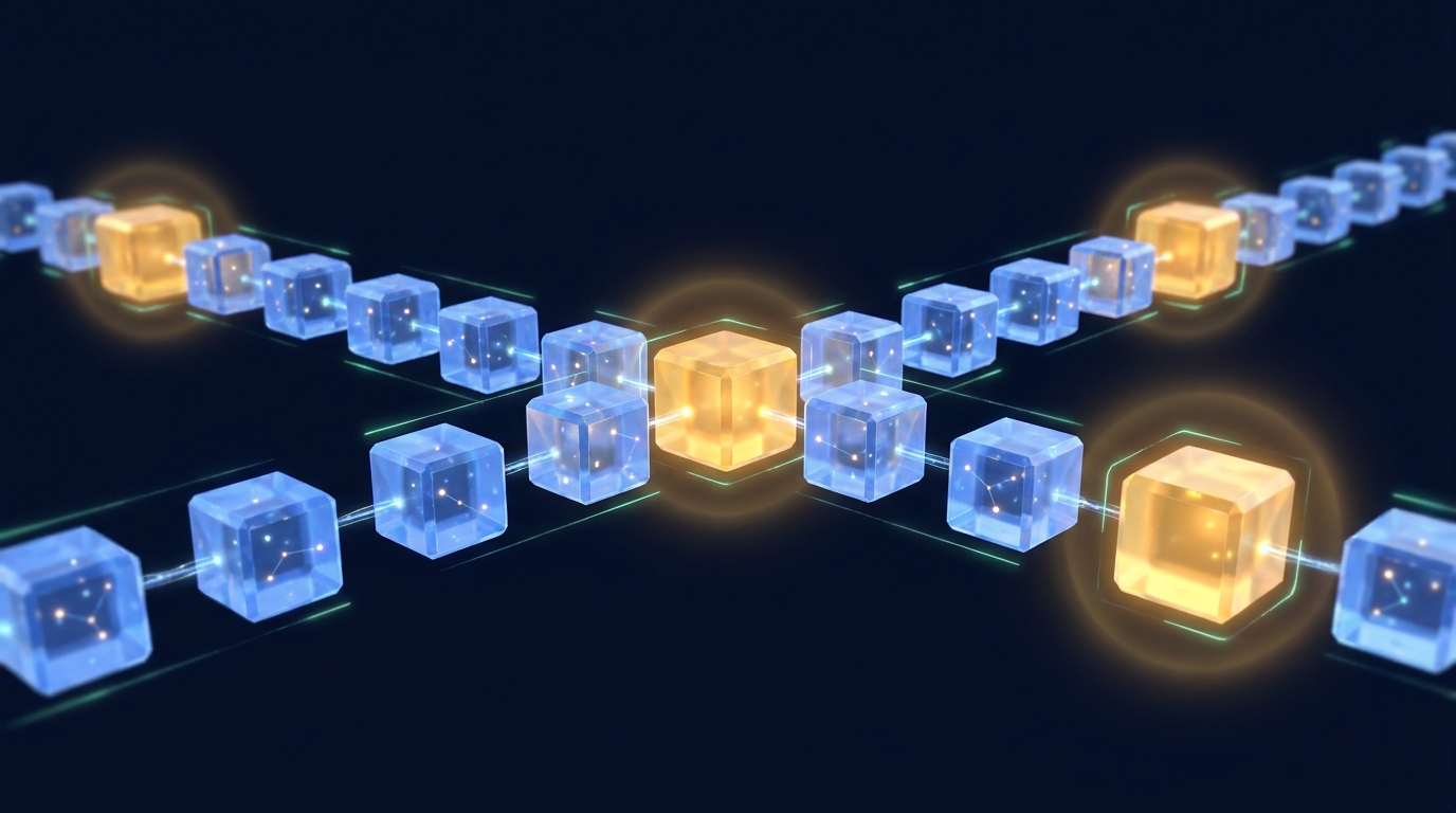 A hash-chained sequence of crystalline blocks anchored by glowing gold checkpoints