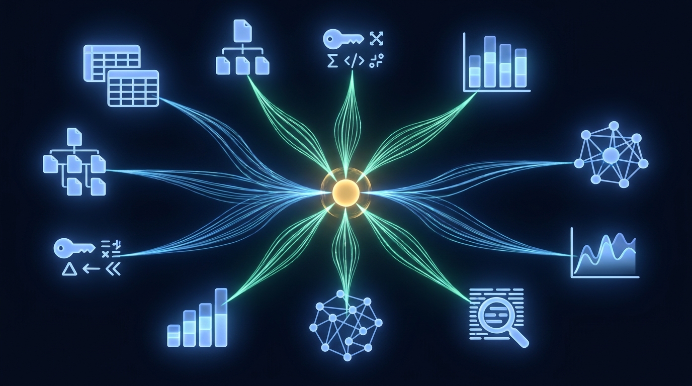 Relational, document, key-value, columnar, graph, time-series, full-text, and vector paradigms all converging into one glowing core