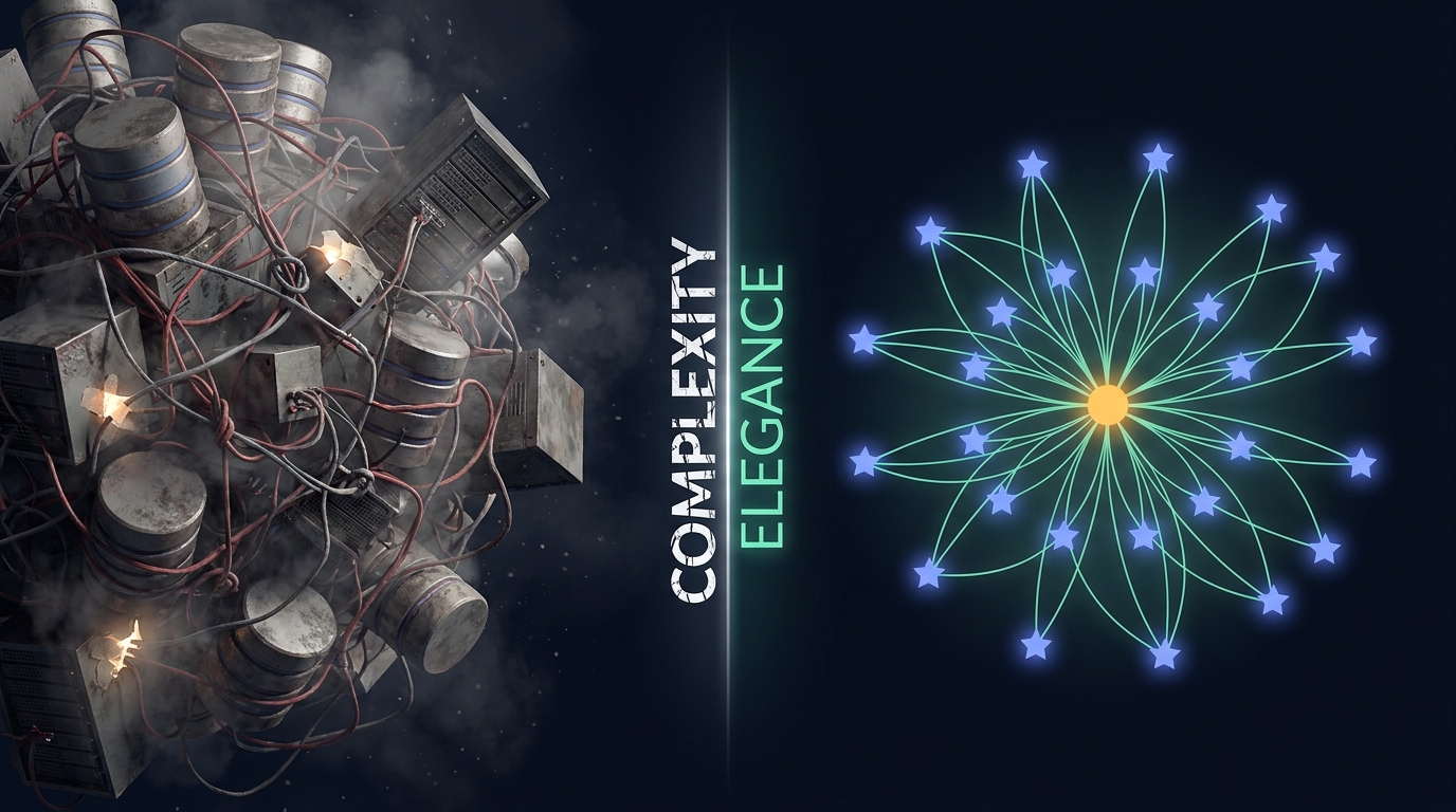 A tangle of disconnected databases and glue code, versus one unified Calyx constellation