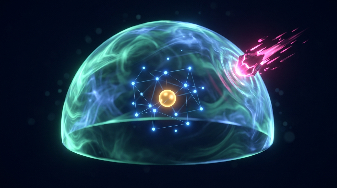 A glowing trusted region with a gold kernel inside, deflecting an out-of-distribution intruder at its boundary