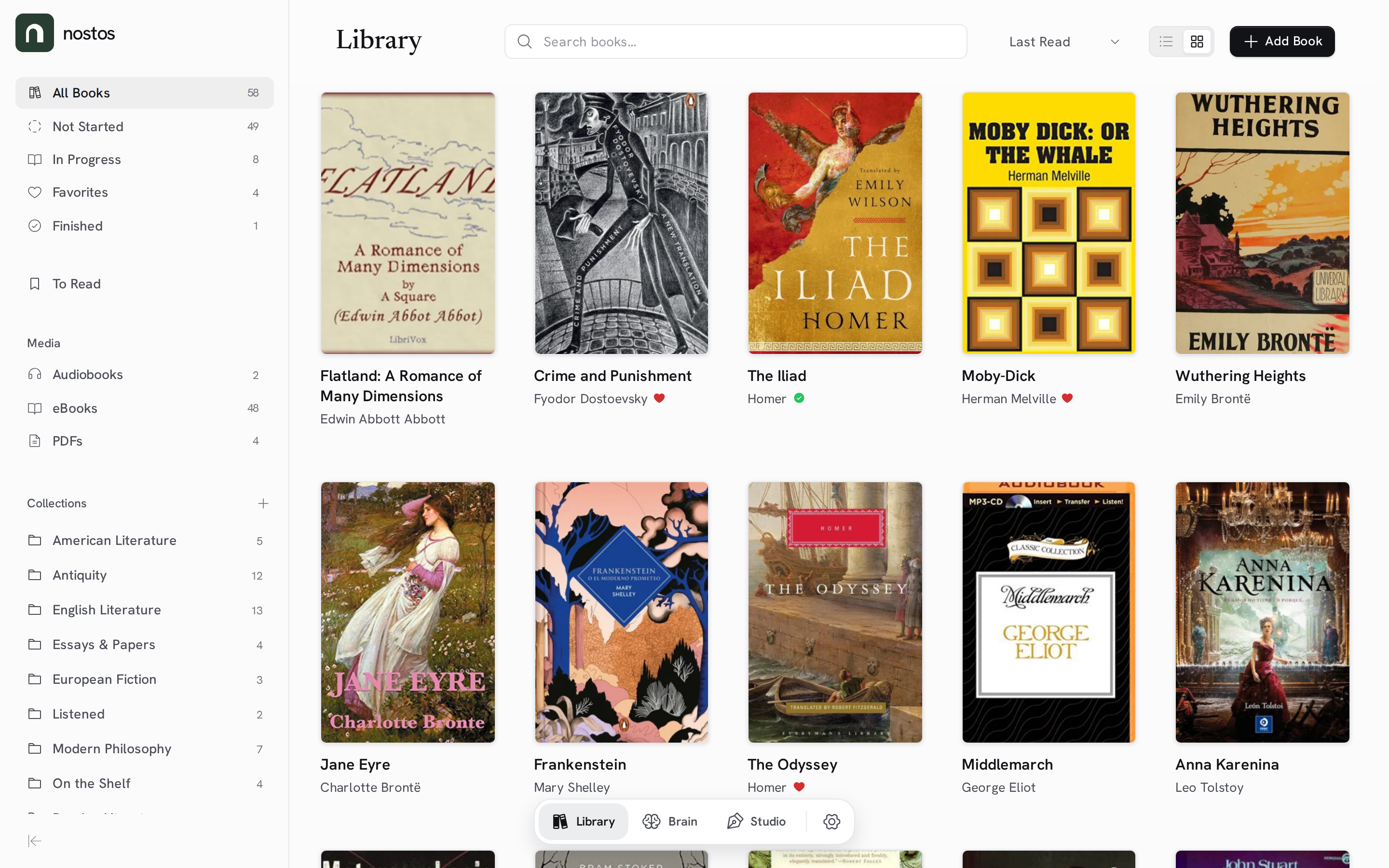 Nostos Library with collections and book covers